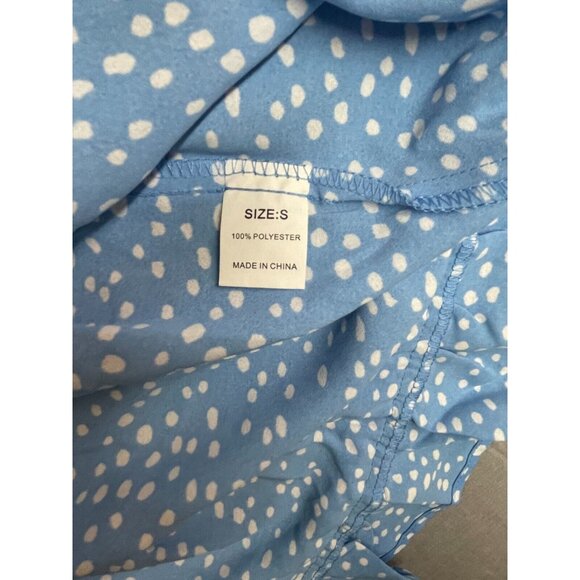 Short Flutter Sleeve Blue Polka Dot Ruffle Skirt Sun Dress Tie Neck, Size Small - Picture 2 of 6